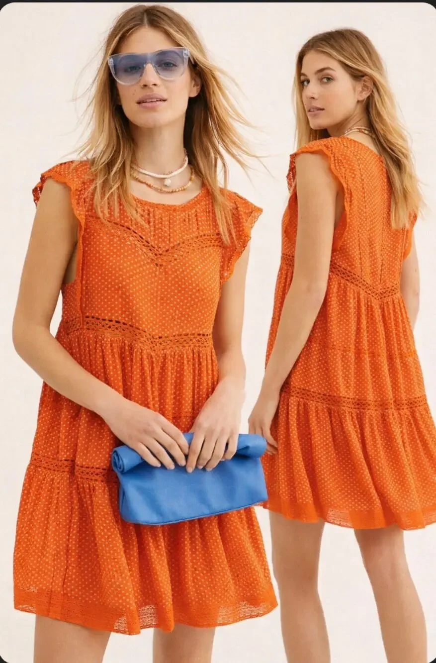 Free People Burnt Orange Tiered Dress Boho Crochet Details Size S Feminine
